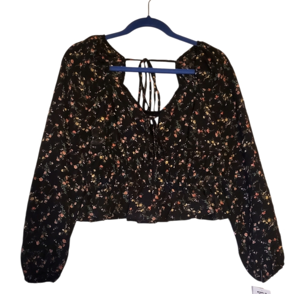 New Dizzy Lizzy Black Floral‎ Ruffle Ties Croptop Blouse Size XL